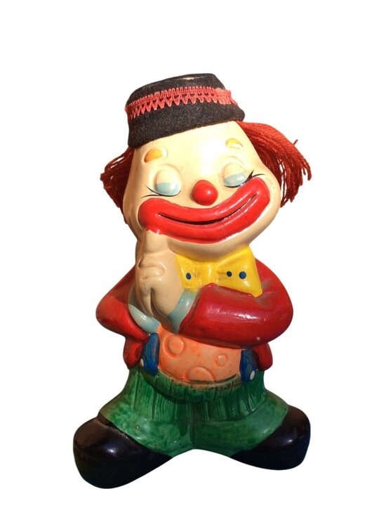Made In China Other - Vintage Ceramic Clown Coin Piggy Bank With Red Yarn Hair & Painted Outfit